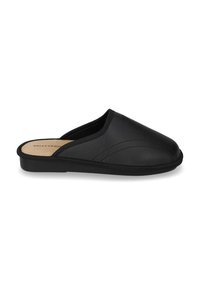 Pantofole nere slip-on con una texture liscia, caratterizzate da una punta arrotondata, una dettagliata cucitura in rilievo e una soletta imbottita. Suola in gomma piatta.