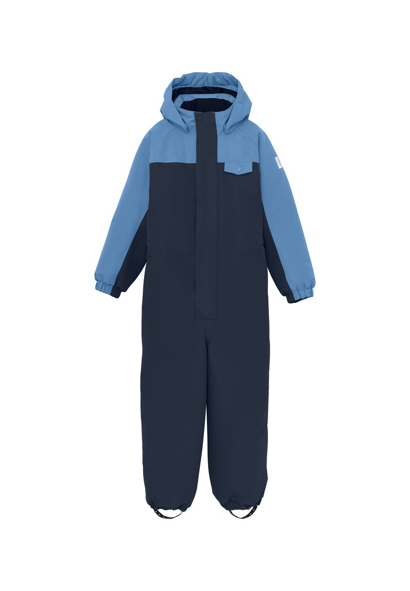 Blå och marinblå vattentät en-delad snödräkt med dragkedja fram, justerbar huva, elastiska ärmslut och förstärkta benöppningar.