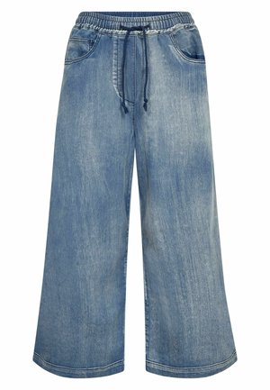 Sinisen leveälahkeiset farkut, joissa on joustava vyötärö ja musta nyöri, etutaskut sekä näkyvät saumaerittelyt.