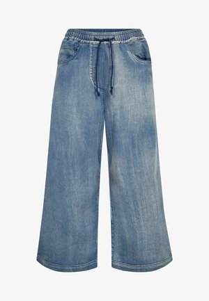 Sinisen leveälahkeiset farkut, joissa on joustava vyötärö ja musta nyöri, etutaskut sekä näkyvät saumaerittelyt.