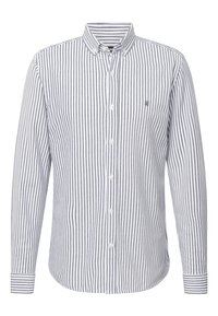 Camisa blanca de botones con rayas verticales en azul marino, de manga larga, con cuello puntiagudo y un pequeño logo bordado en el pecho.