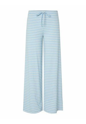 Pantalon large bleu clair en tissu doux avec des rayures horizontales blanches et un détail de ceinture à nouer.