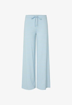 Pantalon large bleu clair en tissu doux avec des rayures horizontales blanches et un détail de ceinture à nouer.