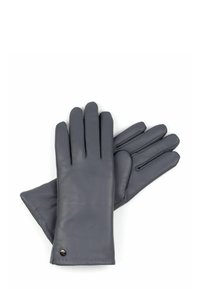 Gray leather gloves with a smooth texture, featuring stitching details, five finger design, and a small metallic accent near the wrist.