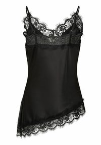 Svart satengcamisole med delikat blonderkant langs utringningen og kanten, med justerbare spaghettistropper og et asymmetrisk design.