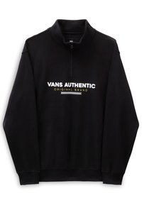 Black quarter-zip sweatshirt made of soft fabric, featuring "VANS AUTHENTIC ORIGINAL BRAND" text in white and yellow, with checkerboard accents.