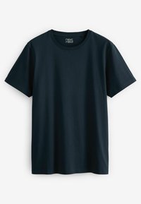 Camiseta de algodón azul marino con mangas cortas y cuello redondo. Presenta un corte regular y una textura suave, sin patrones ni gráficos visibles.