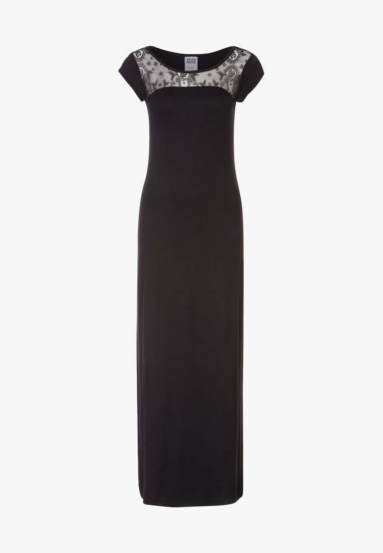 Robe noire longue jusqu'au sol avec manches courtes et détails en dentelle sur le haut de la poitrine et les épaules. Design simple et élégant.