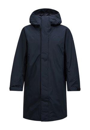 Parka impermeabile blu navale con cappuccio, maniche lunghe e zip frontale. Presenta un design minimalista e polsini regolabili.