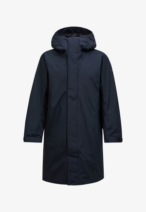 Marineblauwe waterdichte parka met een capuchon, lange mouwen en een rits aan de voorkant. Heeft een minimalistisch ontwerp en verstelbare manchetten.