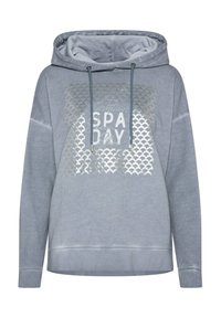 Felpa grigia con cappuccio regolabile, con stampa metallica "SPA DAY" e motivo a onde sulla parte anteriore. Tessuto morbido.