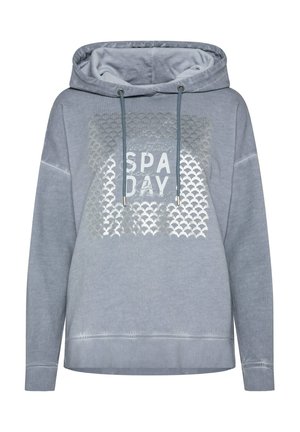 Grijze hoodie met een trekkoordkap, voorzien van een metallic "SPA DAY" opdruk en een geschulpte patroon op de voorkant. Zachte stofstructuur.