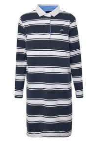 Langärmliges Polokleid mit marineblauen und weißen horizontalen Streifen, weißem Kragen und kleinem Logo auf der linken Brust.