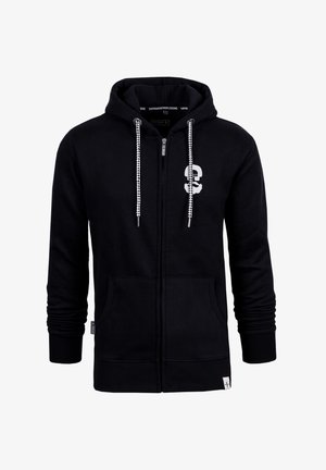 Felpa nera con zip realizzata in tessuto misto cotone, dotata di cappuccio con coulisse, tasche frontali e logo bianco sul petto.