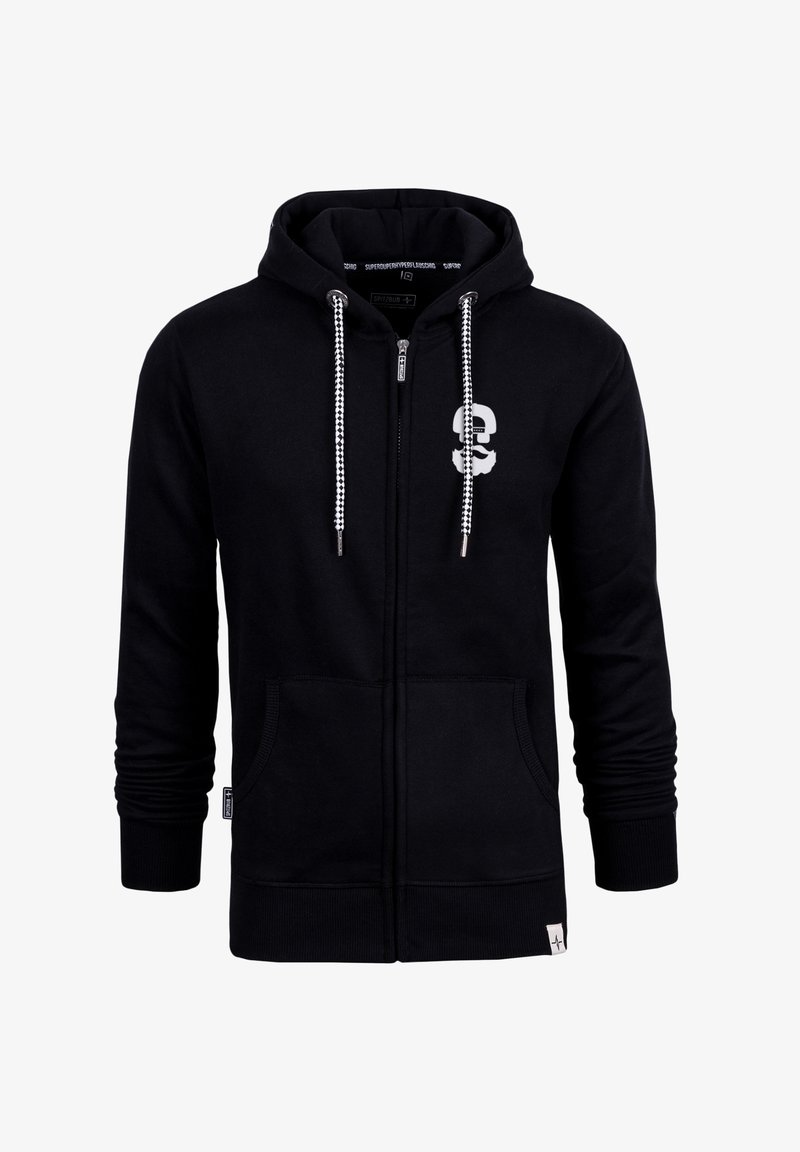 Zwarte rits hoodie gemaakt van een katoenen mix, met een capuchon met trekkoord, voorzakken en een wit logo op de borst.