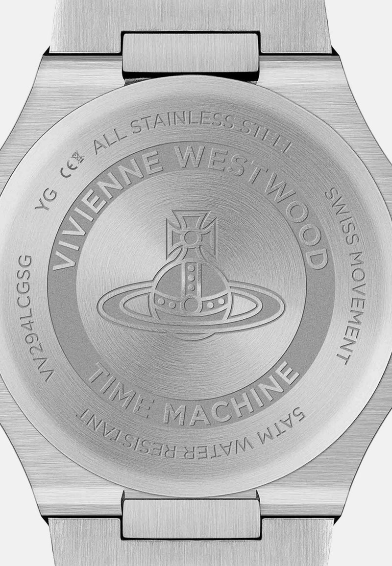 Stainless steel watch back features engraved design with the text "Vivienne Westwood" and a graphic of a time machine. 50m water resistant.