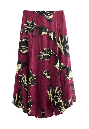 Floral skirt in burgundy, featuring black and cream flowers, with a textured fabric and an asymmetrical hem.