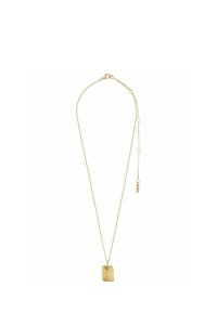 Halskette in Goldoptik mit rechteckigem Anhänger, strukturiertem Oberflächenfinish, feiner Kette und verstellbarer Länge, die einen kleinen Anhängerakzent aufweist.