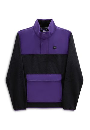 Paars-zwart Vans pullover fleecejack met een hoge kraag en een flapzak aan de voorkant.