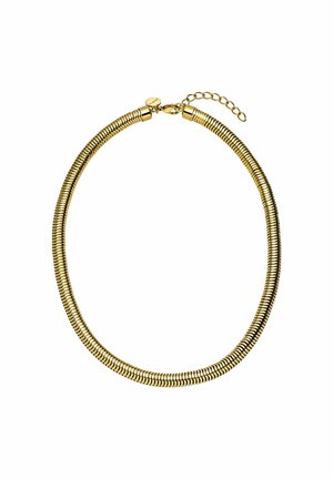 Halskette in Goldtone mit flexiblem Spiraldesign, ausgestattet mit einem sicheren Verschluss und einer kurzen verstellbaren Kette zur Anpassung der Länge.