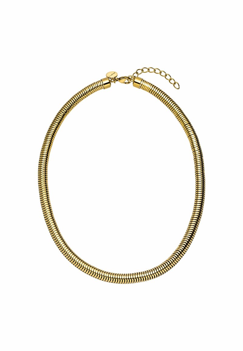 Halskette in Goldtone mit flexiblem Spiraldesign, ausgestattet mit einem sicheren Verschluss und einer kurzen verstellbaren Kette zur Anpassung der Länge.