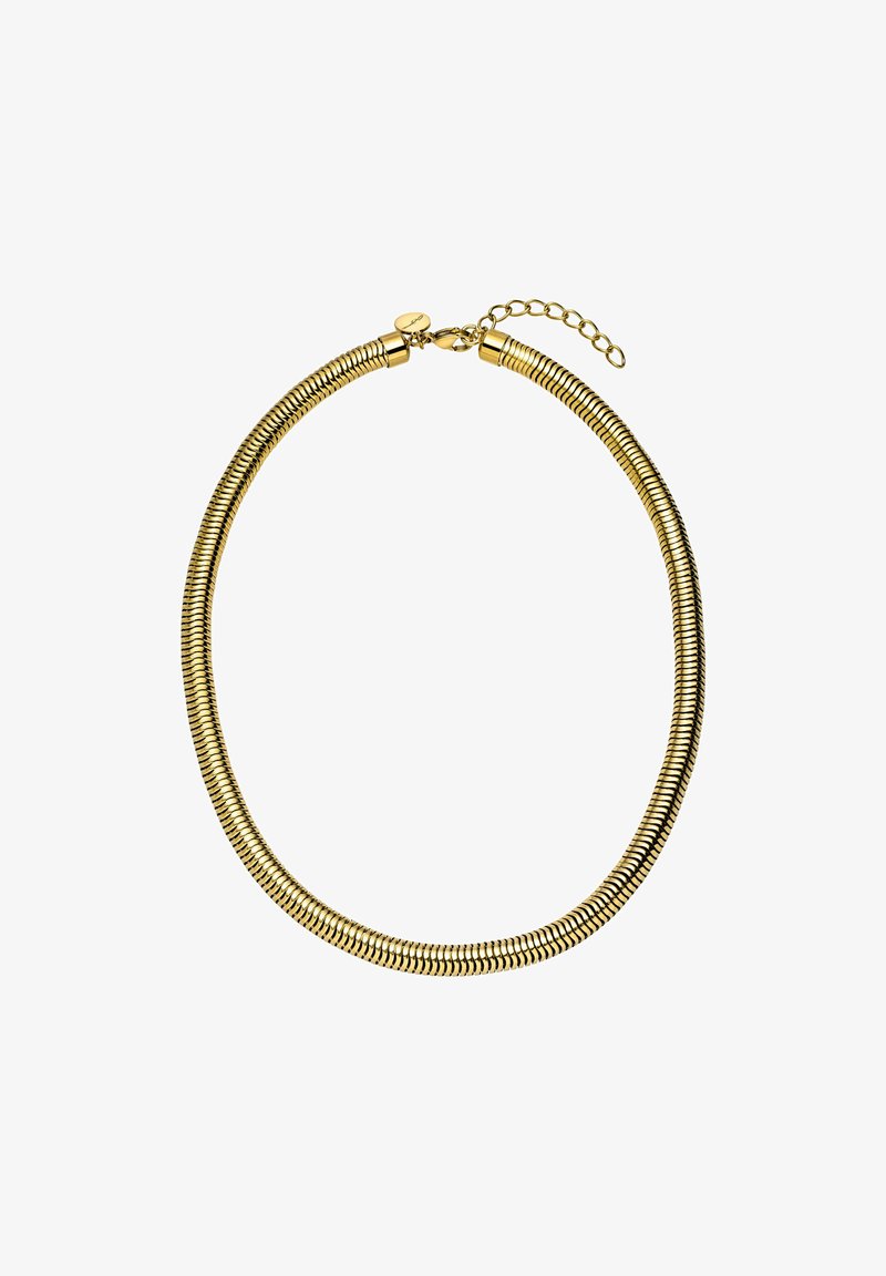 Halskette in Goldtone mit flexiblem Spiraldesign, ausgestattet mit einem sicheren Verschluss und einer kurzen verstellbaren Kette zur Anpassung der Länge.