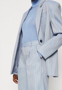 Lichtblauwe gestreepte blazer met een getailleerde pasvorm, sluiting met één knoop en een bijpassende coltrui, die een soepele textuur toont.