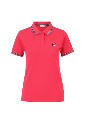 Roze polo-shirt met een kraag, voorzien van drie knopen en zwart-witte gestreepte accenten op de kraag en mouwen. Fila-logo op de borst.
