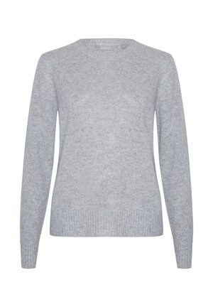 Lichtgrijze trui met lange mouwen, ronde hals en geribbelde boorden aan mouwen en zoom, getoond op een witte achtergrond.