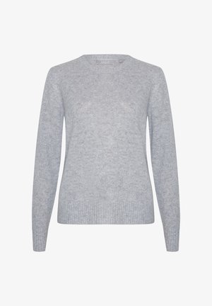 Lichtgrijze trui met lange mouwen, ronde hals en geribbelde boorden aan mouwen en zoom, getoond op een witte achtergrond.