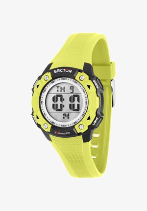 Orologio sportivo digitale giallo e nero che mostra l'ora 10:10, il giorno giovedì e la data 9 con cinturino texturizzato e pulsanti funzione etichettati.