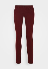 Jeans skinny burdeos hechos de una mezcla de algodón. Cuenta con cinco bolsillos, trabillas para el cinturón y un cierre frontal con botón. Textura suave.