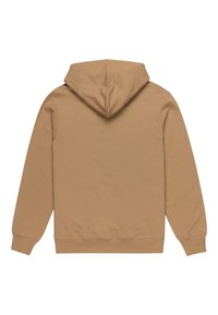 Brown hooded sweatshirt with long sleeves, made of soft fabric. Features a curved hem and ribbed cuffs. Simple, solid color design.