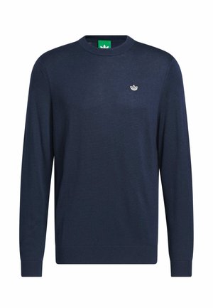 Navy blue knitted sweater with long sleeves, round neckline, and a small embroidered logo on the chest. Soft texture, ribbed cuffs and hem.