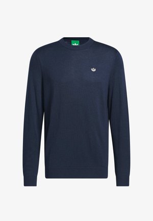 Tamnoplavi pleteni džemper s dugim rukavima, okruglim izrezom i malim vezom logotipa na prsima. Mekana tekstura, rebrasti manšeti i rub.