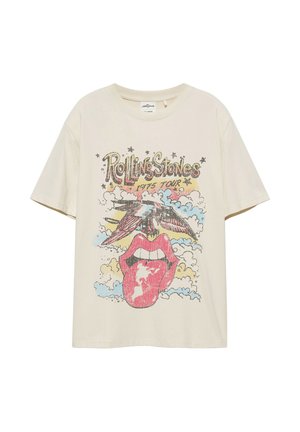 T-shirt beige Rolling Stones Tour 1975 con grafica di un uccello, labbra rosse con lingua e nuvole colorate sul davanti.