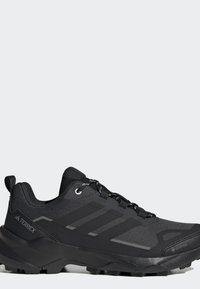 Chaussure de trail Adidas Terrex Gore-Tex noire avec semelle texturée, col rembourré et fermeture à lacets, conçue pour les activités de plein air.