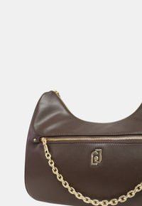 Borsa a tracolla in pelle marrone con tasca con zip dorata e dettagli decorativi in catena dorata sul davanti, su uno sfondo chiaro e semplice.
