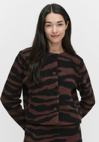 Brown and black striped cropped jacket with a textured finish, featuring a round neck and three buttons at the front.