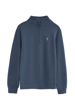 Felpa blu navy con mezza cerniera, polsini e orlo a coste, collo alto e piccolo logo bianco di un giocatore di golf sul petto.