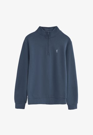 Sudadera con cremallera parcial en azul marino, con puños y dobladillo acanalados, cuello alto y pequeño logo blanco de un golfista en el pecho.