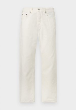 Off-white straight-leg jeans with five pockets, button closure, and belt loops, shown flat on a white background.
