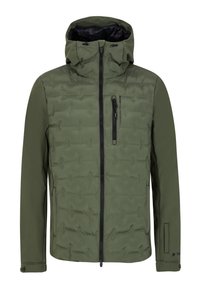 Veste olive verte matelassée avec capuche, dotée d'une fermeture éclair à l'avant et d'une poche poitrine, surface texturée avec un motif matelassé, poignets élastiques.