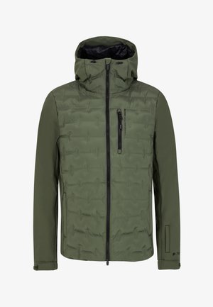Chaqueta acolchada de color verde oliva con capucha, que presenta un cierre frontal con cremallera y un bolsillo en el pecho, superficie texturizada con patrón acolchado y puños elásticos.