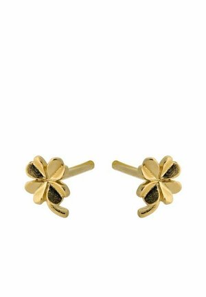 Par zlato majhnih zatičnih uhanov v obliki štiriperesnih detelj z gladkimi, rahlo ukrivljenimi listi.