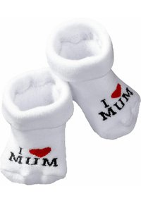 Weiße Babysocken mit flauschiger Textur, mit gesticktem Text "I ❤️ MUM" in Schwarz und Rot, gerippter Bund für einen sicheren Sitz.