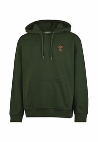 Green hoodie with a front pocket, adjustable drawstrings, ribbed cuffs, and a pink embroidered bird logo on the chest. Soft fabric texture.