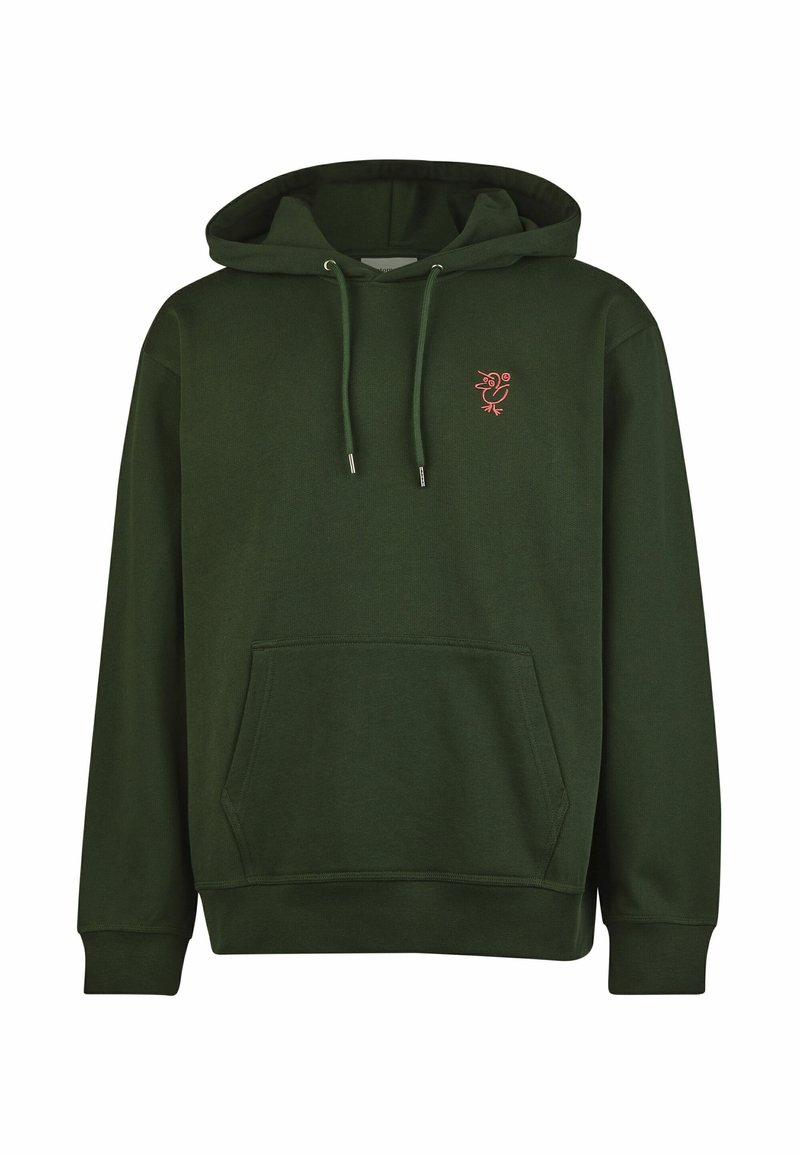 Green hoodie with a front pocket, adjustable drawstrings, ribbed cuffs, and a pink embroidered bird logo on the chest. Soft fabric texture.