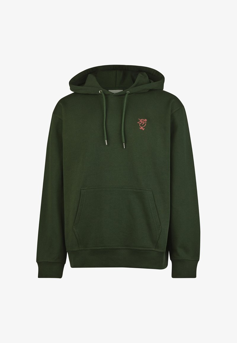 Grüne Kapuzenjacke mit einer Fronttasche, verstellbaren Kordeln, gerippten Bündchen und einem rosa gestickten Vogel-Logo auf der Brust. Weicher Stoff.