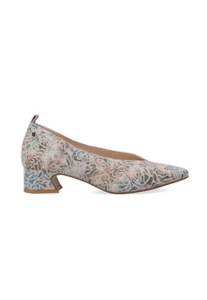 Blumenmuster-Blockabsatzschuh in Pastellfarben; spitze Zehenform; strukturierter Stoff; Rückenzugschlaufe; tiefer ausgeschnittene Seiten.